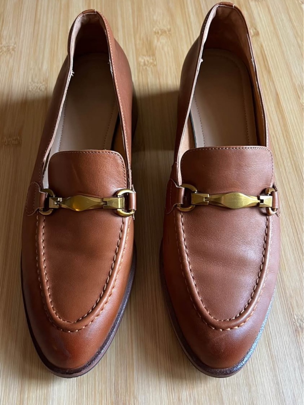 Women’s Tan Leather Loafers with Block Heel